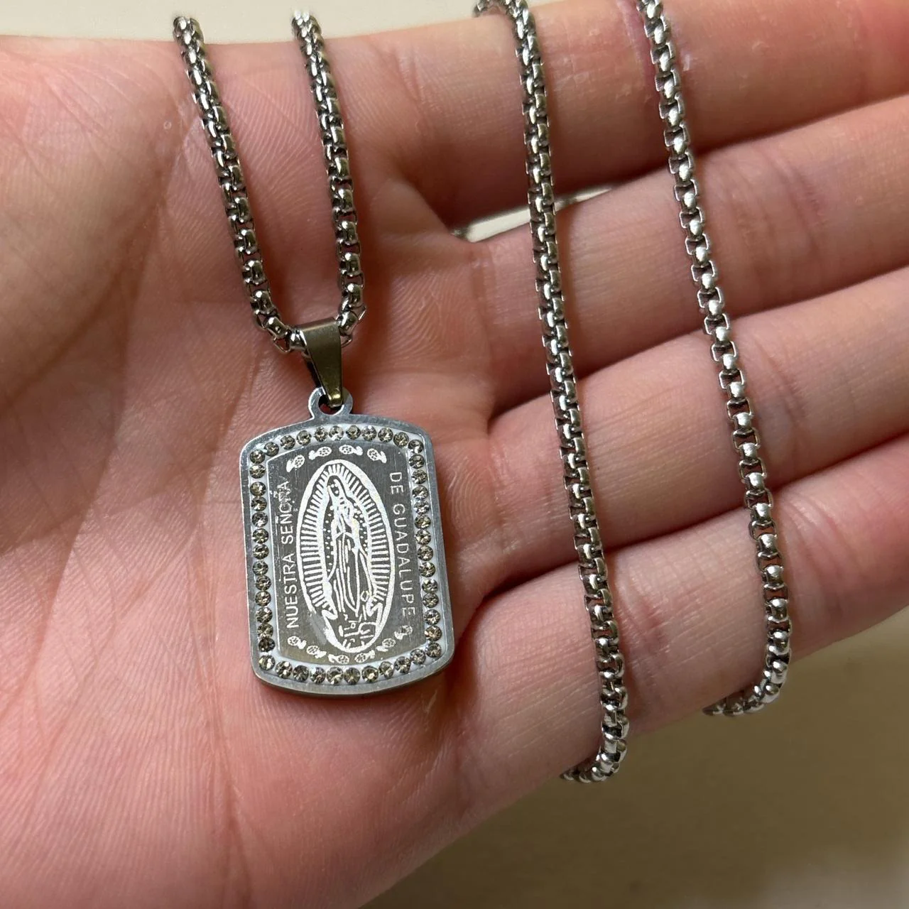 0627 - Silver Rhinestone Virgin Mary Necklace - Image 5