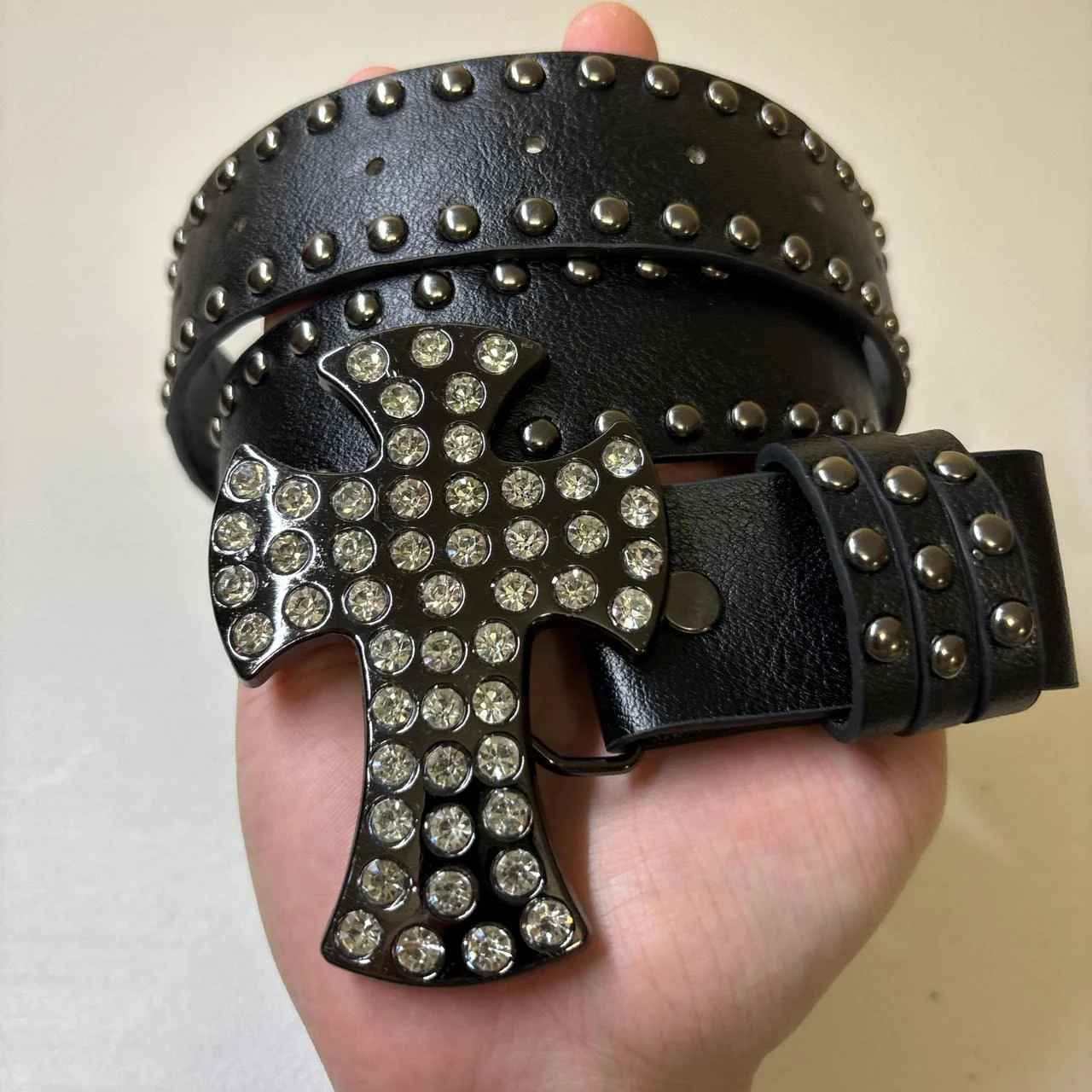 0652 - Rhinestone Cross Buckle Black Belt - Image 4