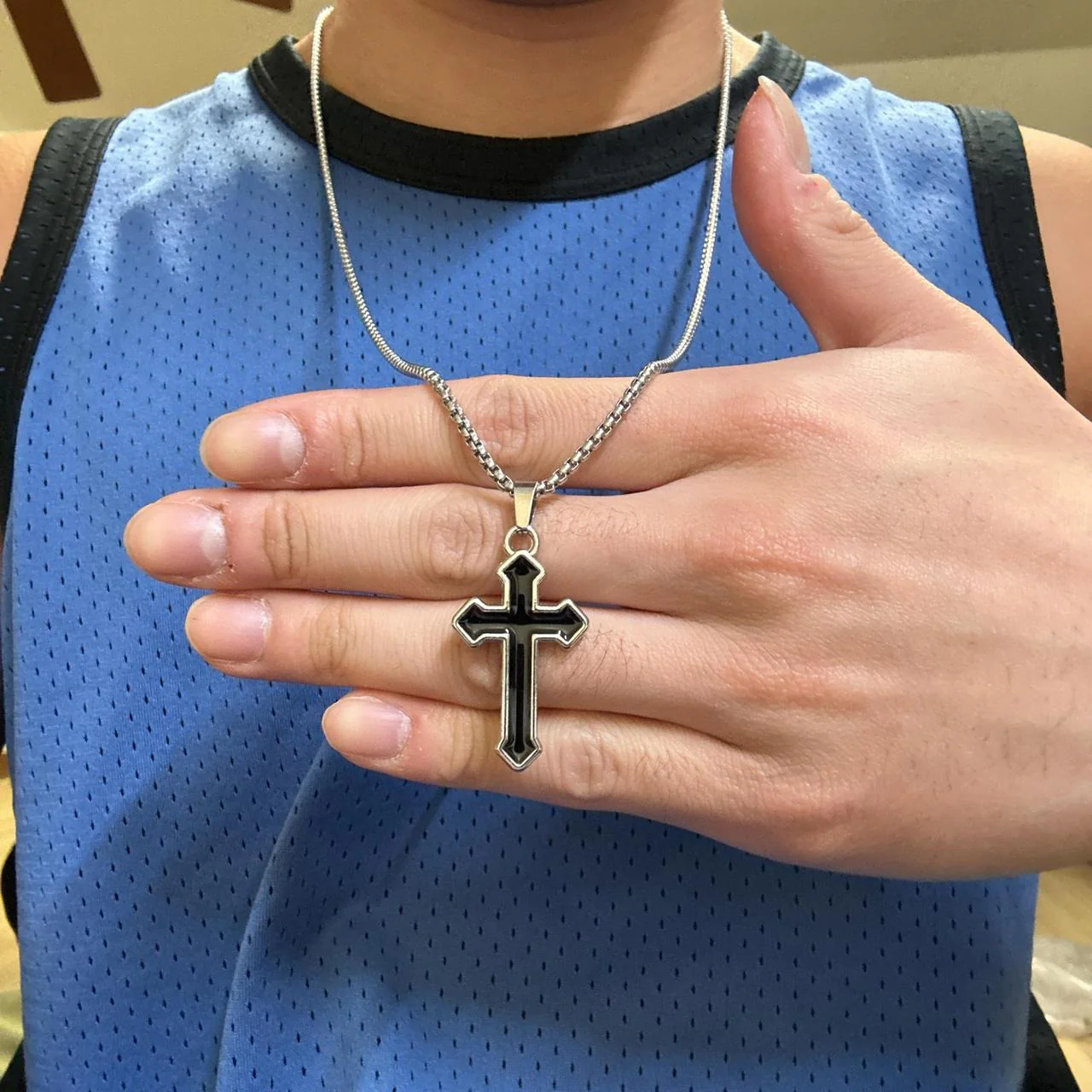 0672 - Silvery Black Cross Necklace - Image 5