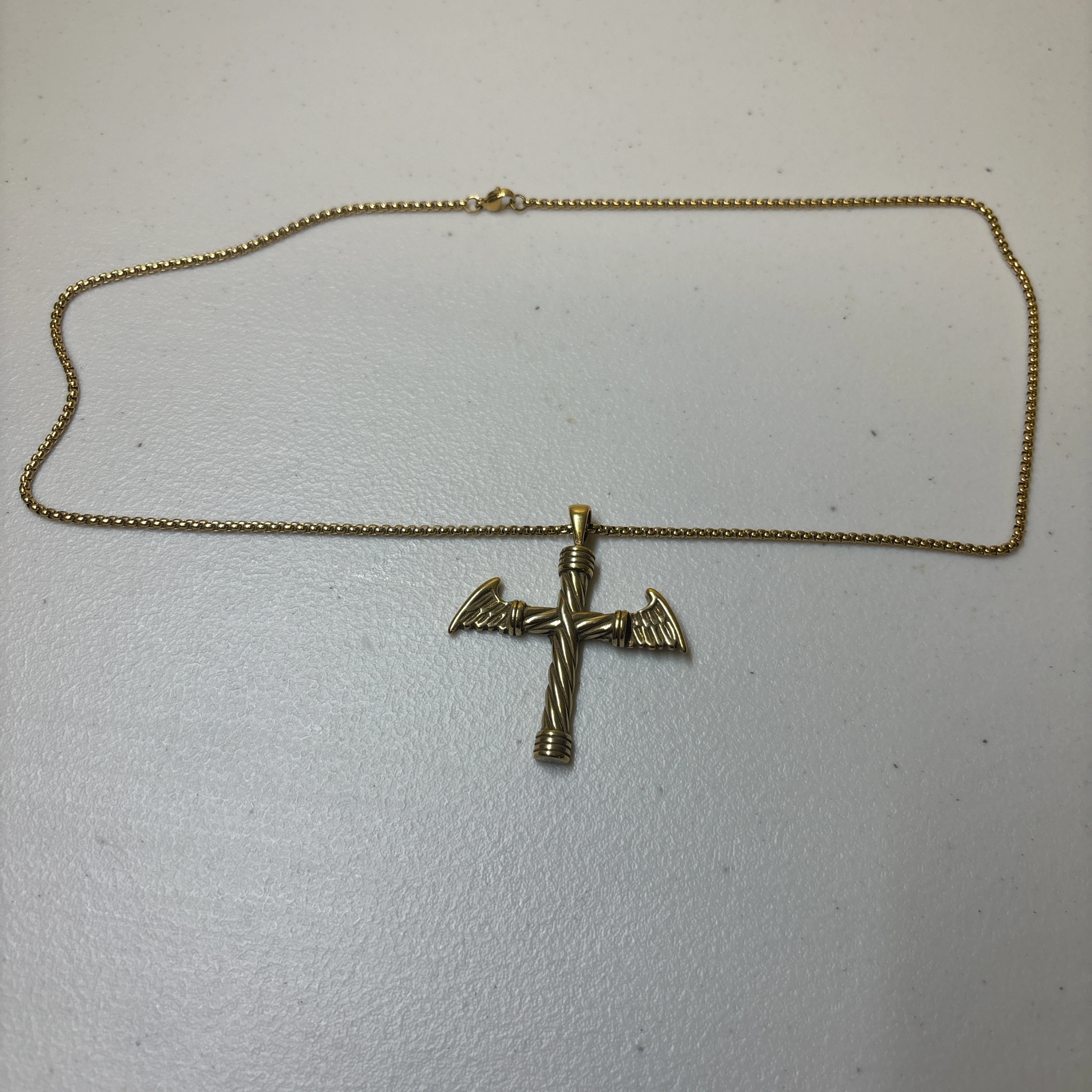 0729 - Gold Winged Cross Necklace - Image 4